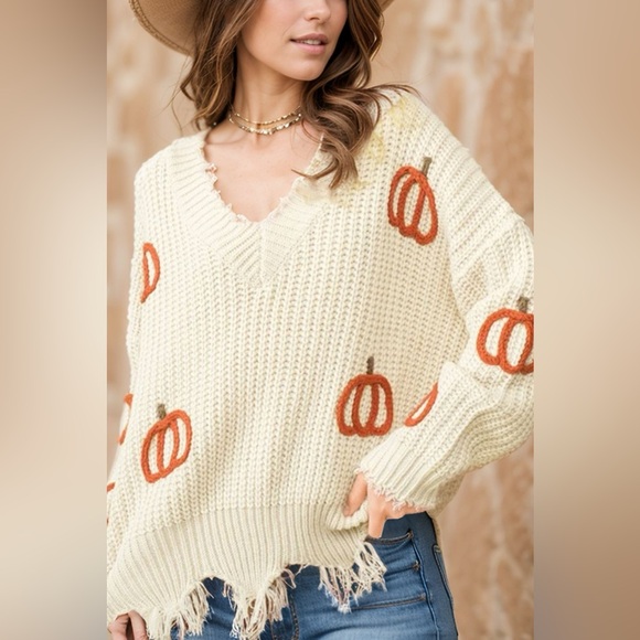 Raw Hem Pumpkin V-Neck Long Sleeve Sweater